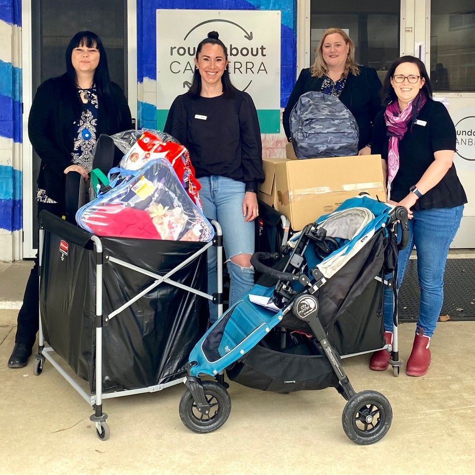 The Personnel Group’s ACT ParentsNext Client Development Consultant Carissa Minahan and Area Manager Cate Johnson collect donated support packages from Roundabout Canberra.